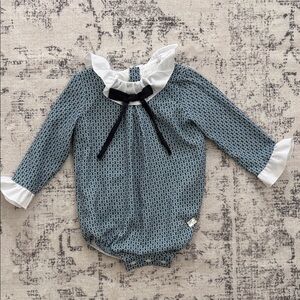 Blue Patterned Baby Romper with Ruffle Collar